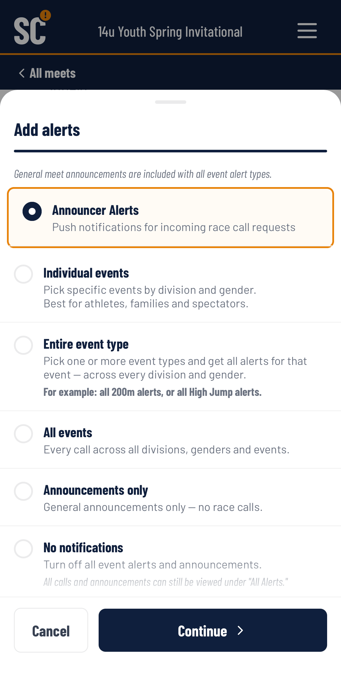 SecondCall app showing notification subscription options including Individual events, Entire event type, All events, and Announcements only